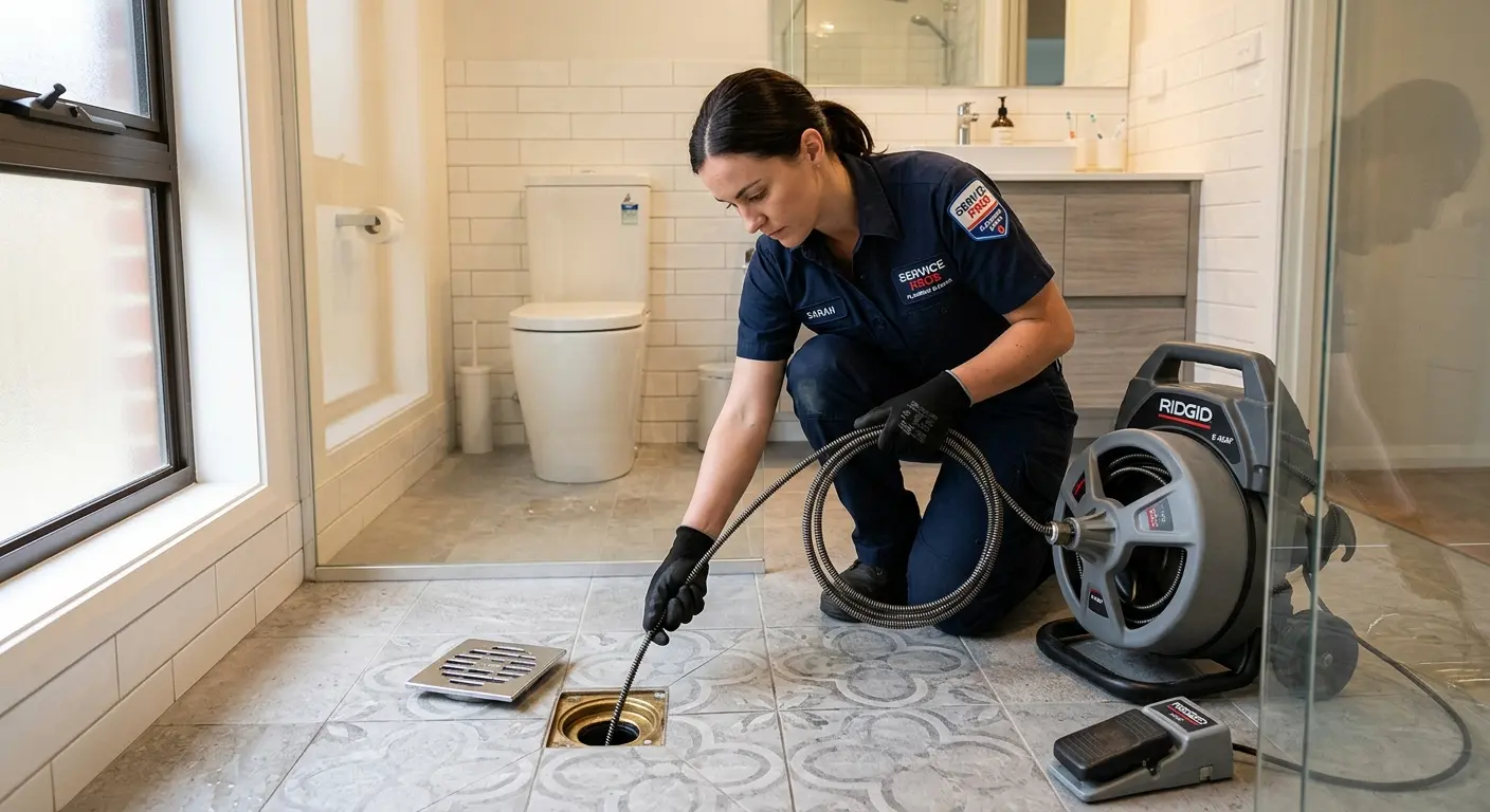 Technician clearing a bathroom floor drain for Sewer Line Installation in Killingly
